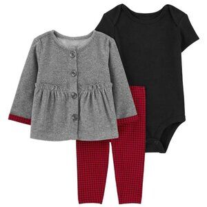 NWT. CARTER'S Baby Girls Gray/Red/Black 3-Pc Set